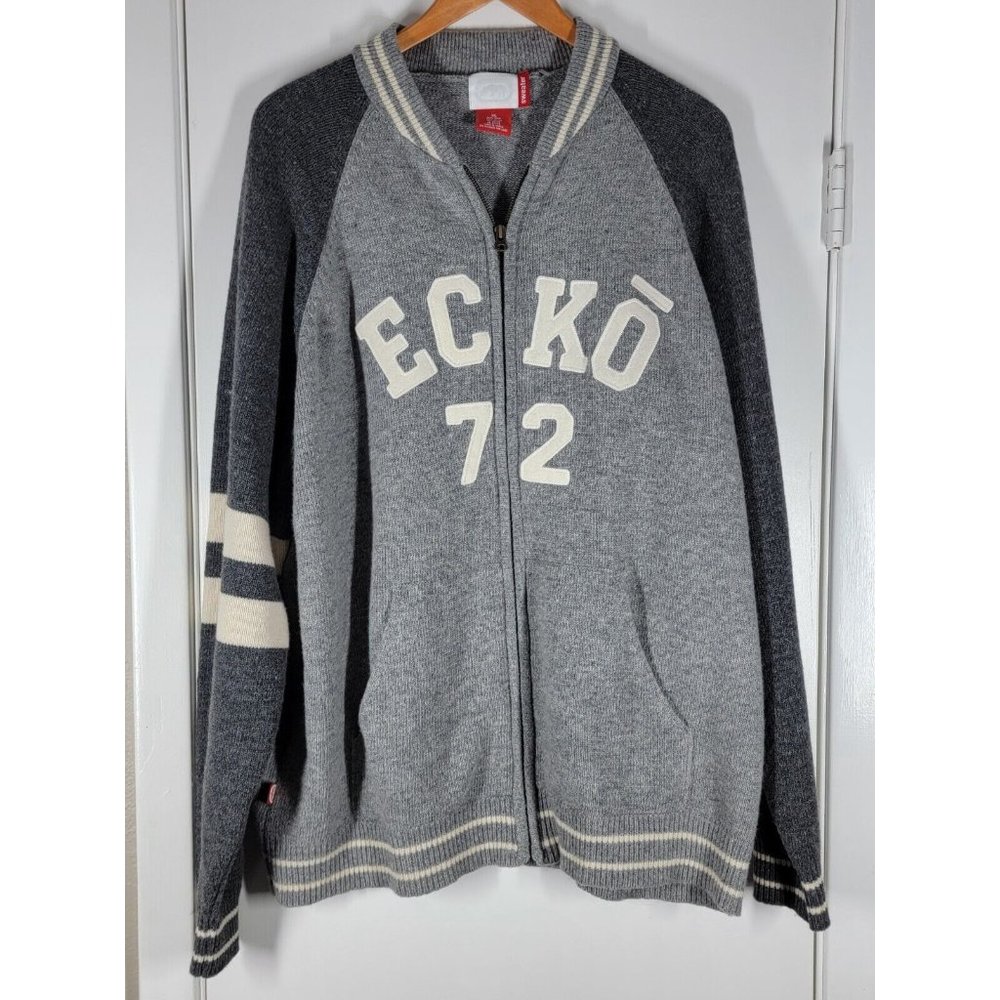 Vtg Letterman Ecko Unltd Gray cream Wool blend Full Zip Cardigan Sweater Sz XL